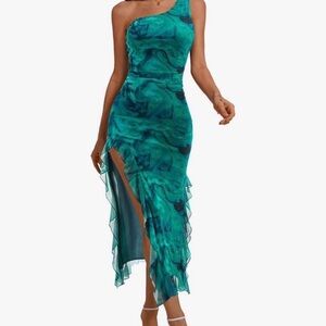 Chic One-Shoulder Teal Dress
